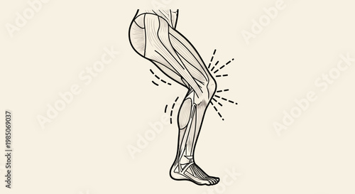 Detailed anatomical drawing of a human leg with visible muscles and bones, emphasizing knee joint pain or injury with radiating distress lines, side profile, vintage sketch aesthetic.