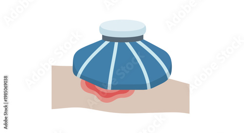 Applying a blue ice pack to a red inflamed skin injury, showing relief and healing concept in a minimalist, flat design graphic with clean lines.