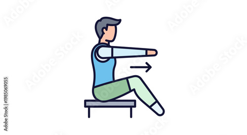 Athletic male character seated on bench, performing abdominal crunch exercise with arms extended forward, bold line art style, depicting fitness and workout routine for health and wellness.