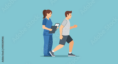 Female physical therapist in blue scrubs observing male patient performing lunge exercise, demonstrating rehabilitation and recovery in a clean, modern graphic style.