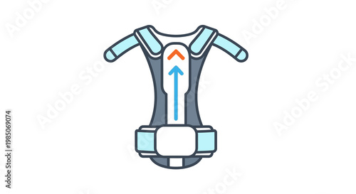 Stylized vector graphic of a futuristic exoskeleton chest piece with upward arrow indicating power flow, depicted in a clean, modern, flat design aesthetic against a white background.