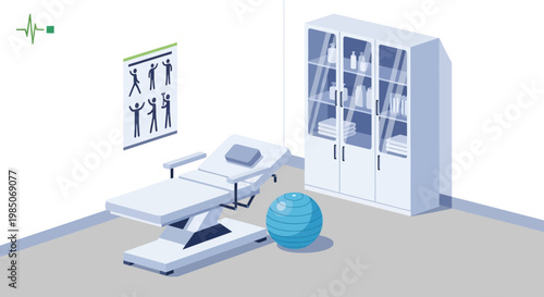 Modern physiotherapy clinic examination room with adjustable treatment table, balance ball, and medical cabinet, clean isometric vector art for healthcare.