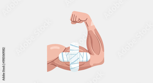 Strong, muscular human arm flexing, bandaged cross symbol bandaging bicep muscle, representing physical therapy, rehabilitation, healing, and recovery after injury.