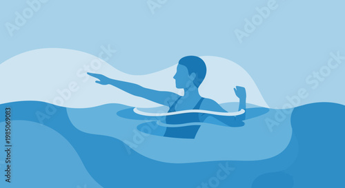 Synchronized swimmer in serene blue water, performing a graceful routine with outstretched arm and bent elbow pose, minimalist flat design.