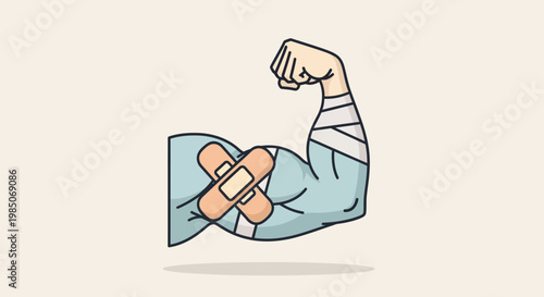 Strong muscular bicep arm wrapped in medical bandages and decorated with adhesive plasters, symbolizing resilience and recovery in a simplified, graphic style.