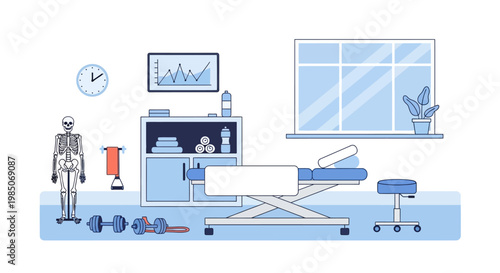 Clean modern physiotherapy clinic interior with adjustable treatment table, weights, skeleton model, and window, promoting wellness and rehabilitation with flat design.