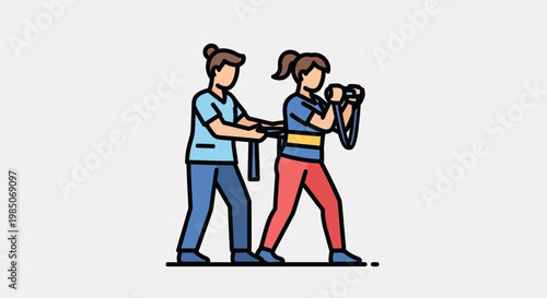 Personal trainer guiding a woman in martial arts training with resistance bands, focusing on dynamic movement and core strength, flat design with vibrant colors.