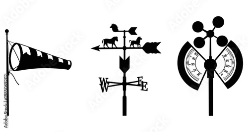 Weather instruments including windsock anemometer and weather vane Isolated on white background