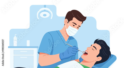 Male dentist in medical mask and blue scrubs examines patient's teeth with dental tool in clinic, modern flat design, healthcare, professional dental care, examination, medical treatment, ro