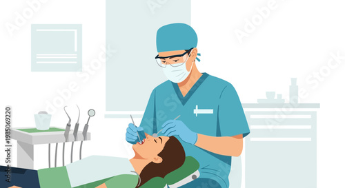 Skilled male dentist in teal scrubs and mask examines patient's teeth with modern instruments in a bright, clean dental clinic setting, vector graphic style.