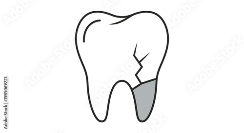 Minimalist line art representation of a cracked molar tooth with a shadowed root area, conveying dental decay, pain, and the need for urgent professional oral care, isolated on white backgro