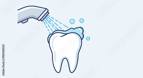 Close-up cartoon of a healthy white tooth being rinsed with bubbly water from a showerhead, emphasizing dental hygiene and care with a simple, clean graphic style.