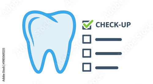 Iconographic representation of a healthy, clean tooth next to a "Check-Up" list with a green checkmark, symbolizing dental care and hygiene.