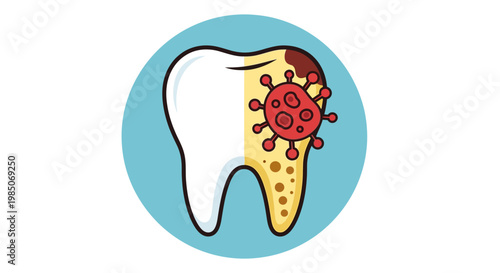 Cartoon tooth with half healthy white enamel and half decayed yellow dentin, attacked by red cartoon virus bacteria, on teal background, medical concept graphic.