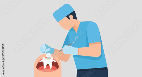 Skilled dentist in blue uniform and gloves meticulously performing dental filling procedure on a large molar tooth in a bright, modern clinic setting.