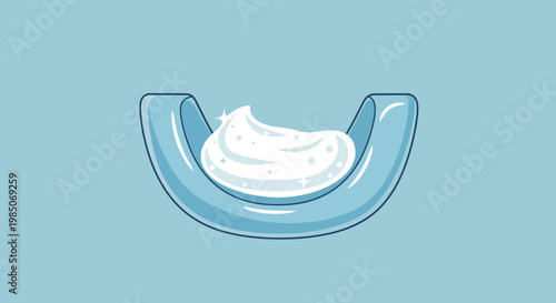 Close-up cartoon representation of a curved, transparent blue dental tray filled with fluffy white toothpaste, sparkling and clean on a light blue background.