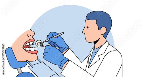 Professional dentist in white coat and blue gloves examining patient's open mouth with dental tools, in a clean, modern clinic setting with blue background.