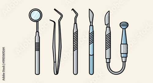Set of sterile dental instruments, including mirror, tweezers, explorer, scalpel, and dental drill, depicted in a clean, flat design with a subtle texture, symbolizing oral hygiene and profe