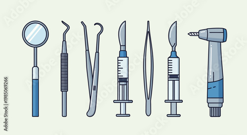 Modern flat vector graphic depicting a meticulously arranged set of professional dental instruments and tools, including a mirror, probe, explorer, forceps, scalpels, syringe, and drill, set