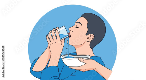 Young boy with eyes closed drinks cool water from glass, receiving help from a caring hand holding a bowl for drips, in a flat graphic style with blue background.