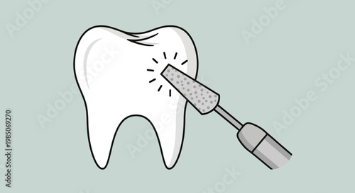 Professional dental cleaning using a rotary polishing cup on a healthy, bright white molar tooth, clean clinic setting, graphic art style, highlighting oral hygiene.