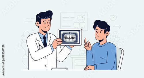 Male dentist in white coat shows dental X-ray to concerned male patient, explaining treatment with modern flat design and clean lines.