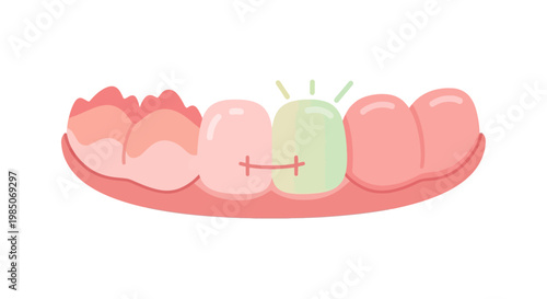 Cartoon graphic depicting dental treatment progression unhealthy teeth transforming into healthy, glowing tooth with vibrant green luminescence and radiating light rays.