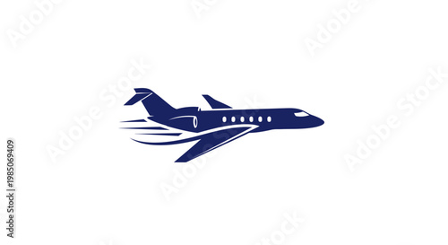 Modern private jet flying fast, speed lines, blue silhouette, aviation concept.