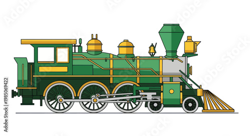 Vintage Steam Locomotive, Green and Yellow, Retro Train Illustration
