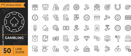 Gambling outline icon set. Editable stroke. Vector illustration