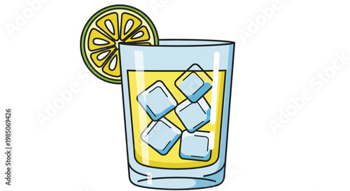 Refreshing Yellow Cocktail with Lime Slice and Ice Cubes