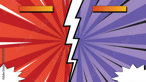 Comic style VS background with radial burst, bold colors and lightning for game battle screen