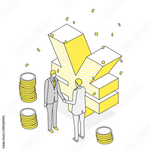 巨大な円マークの前で握手するビジネスマンのアイソメトリック線画イラスト