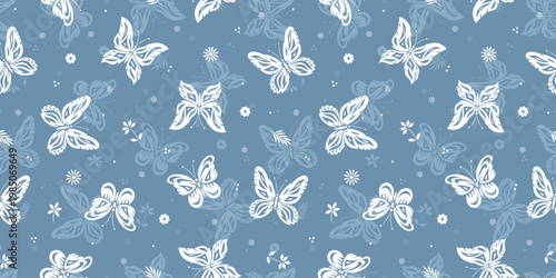 Stylized Butterflies with Floral Elements. Monochrome Butterfly and Flowers Seamless Blue White Pattern. Vector Illustration, Handmade