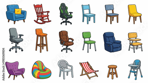 Set of various cartoon chair icons and furniture stickers isolated on white background