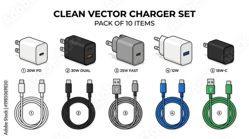 Vector set of various mobile phone chargers and USB power cables isolated on white