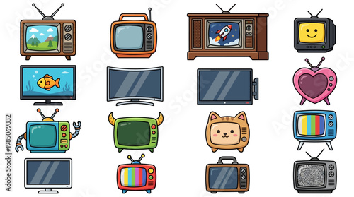 Collection of retro and modern cartoon television icons isolated on white background