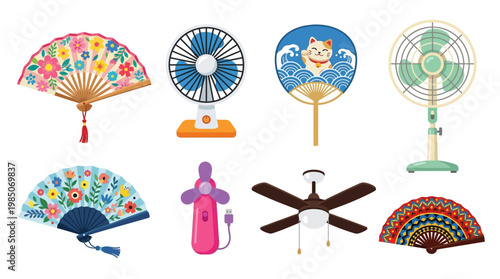 Collection of various hand fans and electric cooling fans isolated on white background