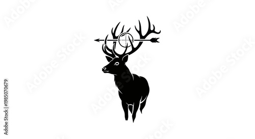 Silhouette of a majestic stag with antlers and an arrow piercing its head, set against a white background.