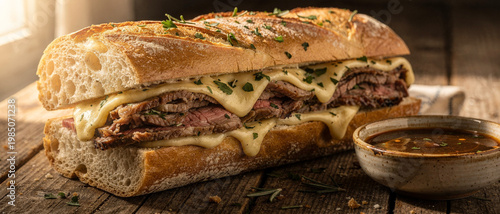 Close-up image of a delicious, hearty roast beef sandwich on crusty bread, topped with melted cheese and fresh herbs. Perfect for a satisfying lunch or dinner.