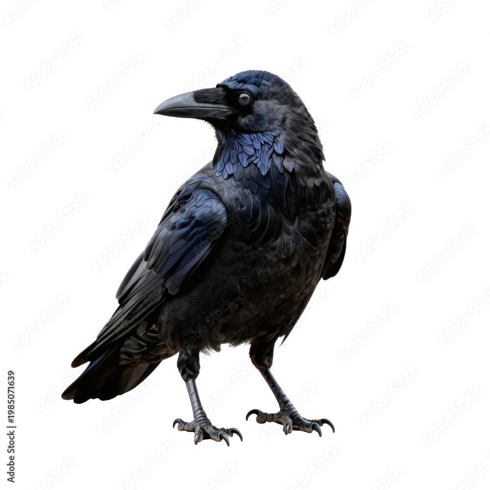 Obraz premium Majestic raven perches gracefully against a bright white background with intricate detail