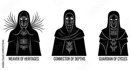 Mysterious figures with ornate masks and headdresses in a graphic style Isolated on white background