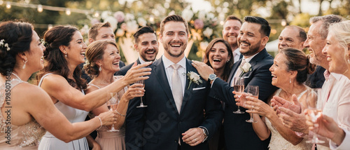Two men in suits holding wine glasses and smiling as guests clap at a wedding event.