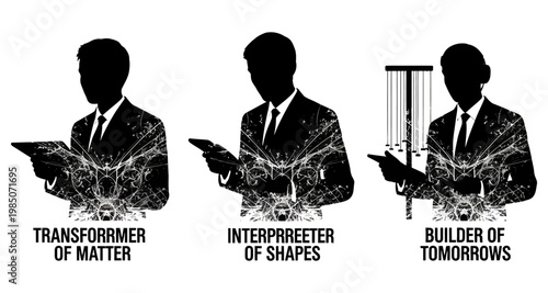 Businessman silhouette transforming matter interpreting shapes and building futures with abstract energy isolated on white background