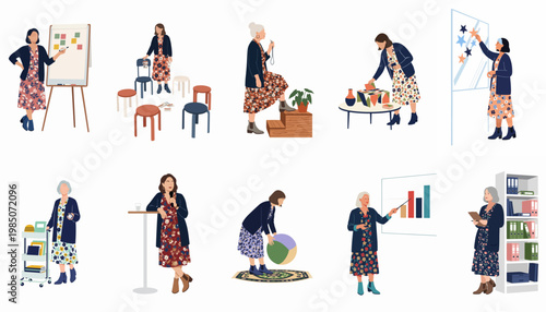 Diverse female facilitators and coaches in various professional workshop, training, and leadership scenarios, minimalist flat vector illustration.