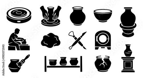 Pottery Silhouettes Set Ceramic Craft Clay Wheel Pottery Icons Black Vector