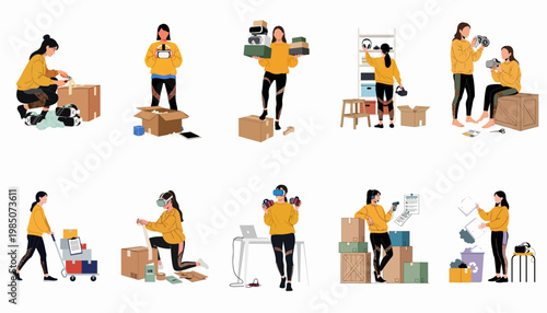 Set of illustrations depicting women in logistics, packing VR headsets, organizing inventory, and managing order fulfillment for an e-commerce business.