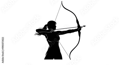 Silhouette of a woman archer drawing a bow and arrow, ready to shoot, isolated on white