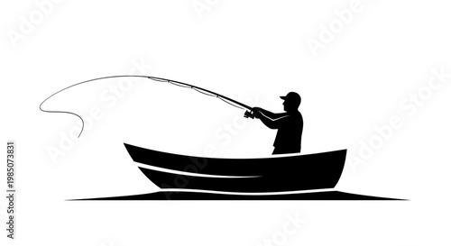 Silhouette of a fisherman casting a line from a boat on the water