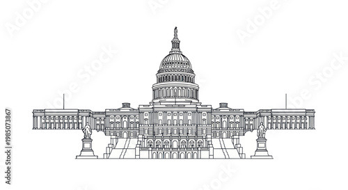 US Capitol Building Outline Drawing, Government Landmark, Washington DC Architecture